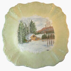 Hand Painted Decorative Plate  Winter Cabin Scene Doris Crawford Cottage Granny
